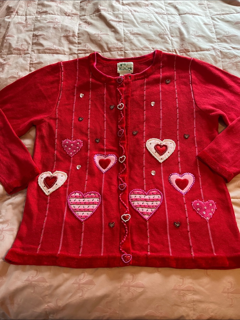Quacker Factory Red Heart Applique Cardigan with Pink Accents
